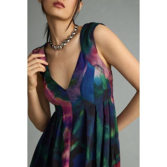 Anthropologie Medium Pleated Sleeveless Cut Out Back Watercolor Print Maxi Dress - Picture 5 of 14